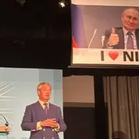 نمایش پوستر پوتین سخنرانی رهبر حزب برگزیت انگلیس را برهم زد