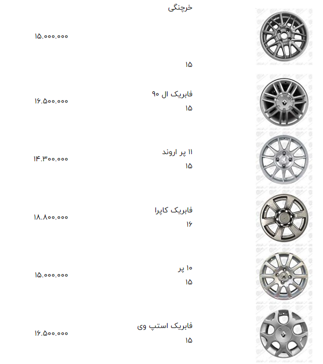اعلام قیمت جدید انواع رینگ خودروی شرکتی