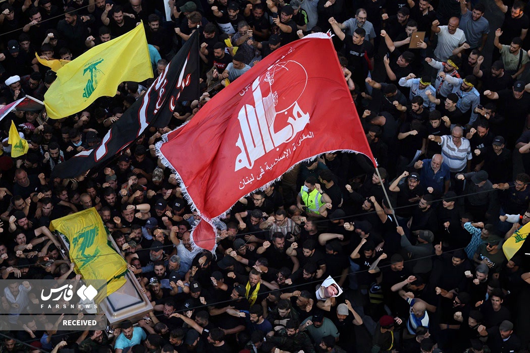 عکس/ سخنرانی سید حسن نصرالله در مراسم تشییع «فواد شکر»