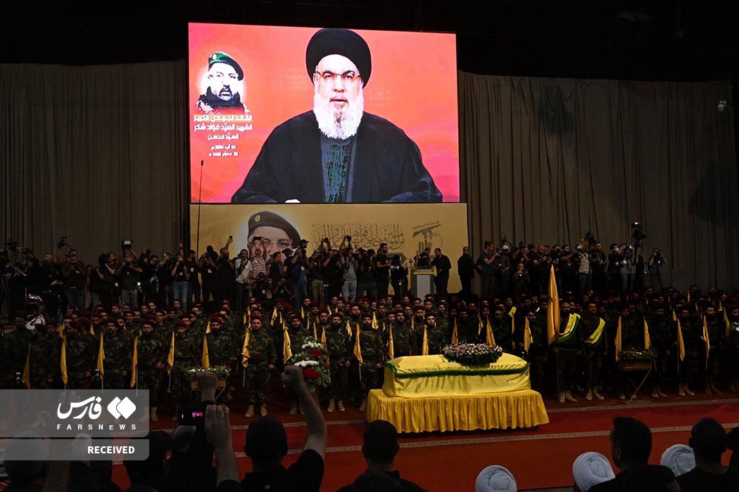 عکس/ سخنرانی سید حسن نصرالله در مراسم تشییع «فواد شکر»