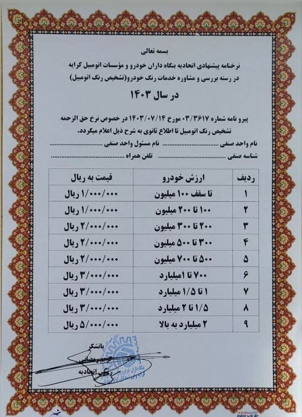 نرخ جدید کارشناسی رنگ خودرو اعلام شد