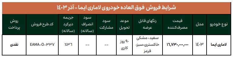 بخشنامه فروش فوق العاده خودرو لاماری ایما در آذر 1403