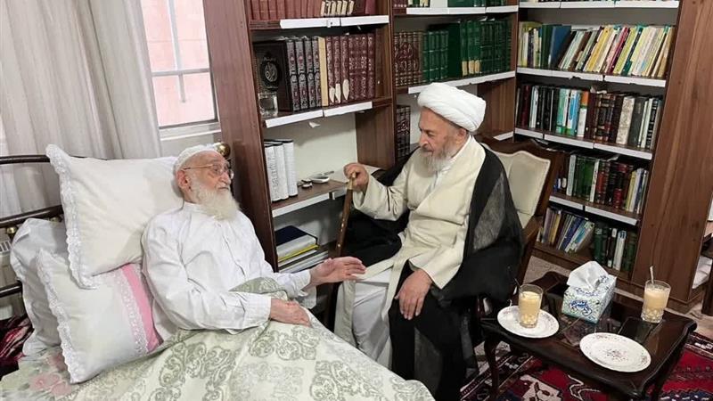 عیادت آیتالله سبحانی از آیتالله نوری همدانی در قم