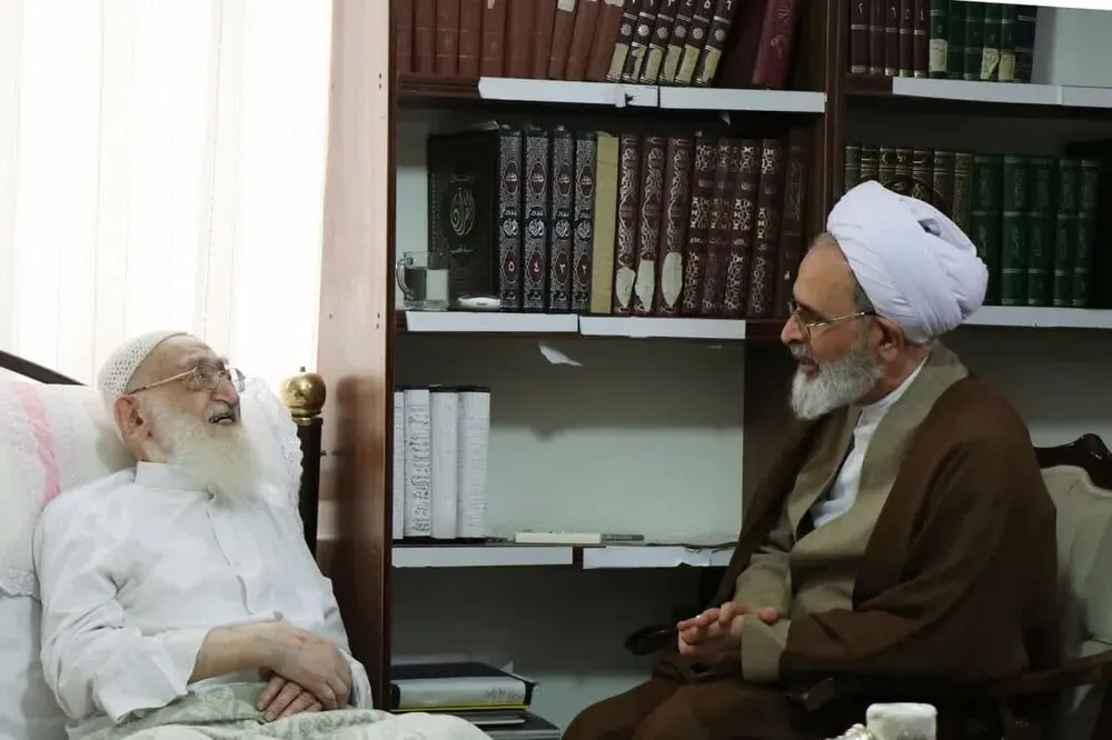 عیادت آیت‌الله اعرافی از آیت‌الله نوری‌ همدانی