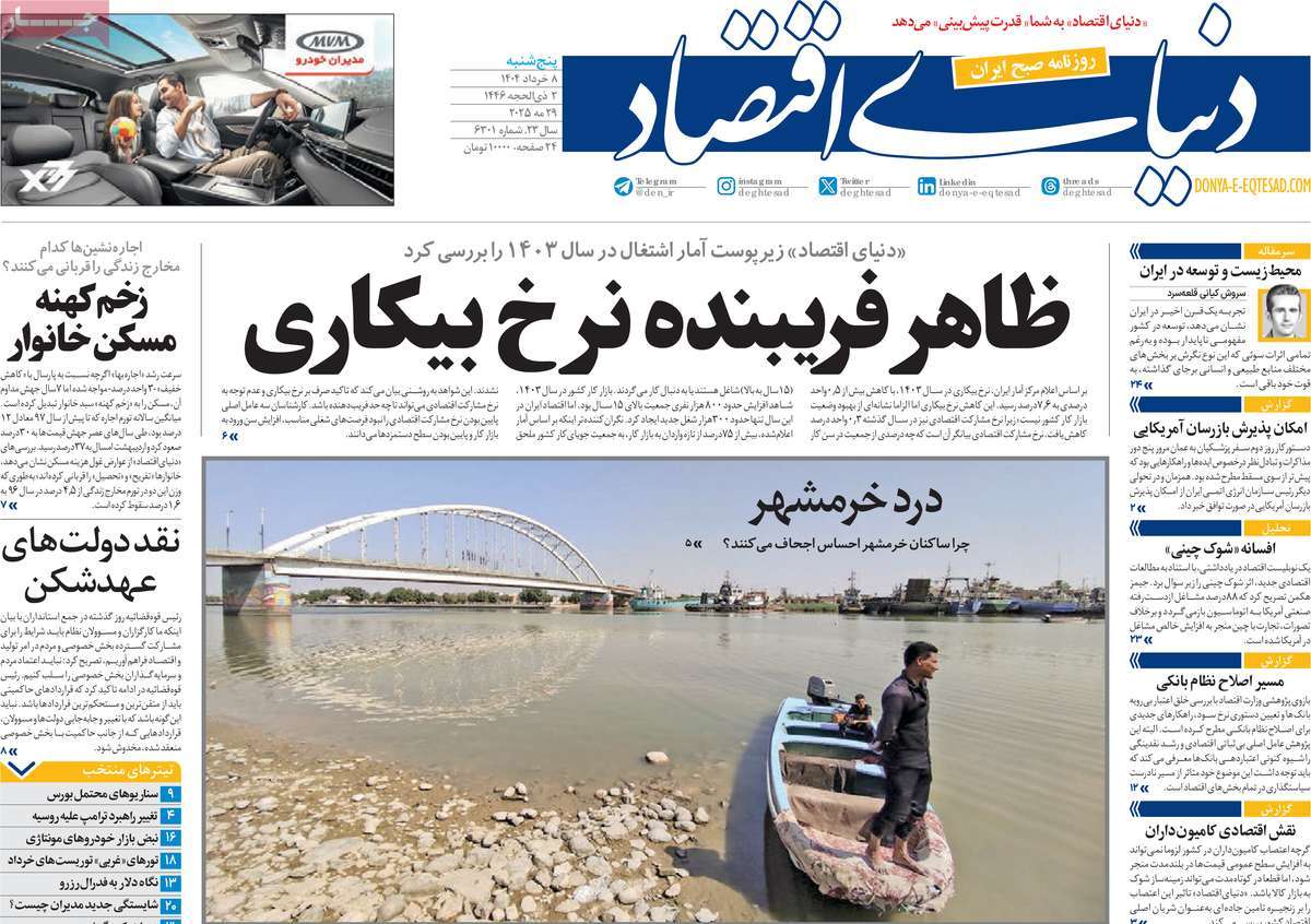 صفحه اول روزنامه دنیای اقتصاد پنجشنبه ۸ خرداد