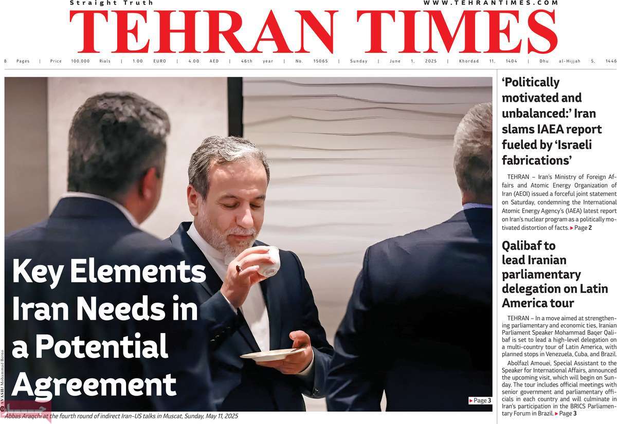 صفحه اول روزنامه Tehran Times یکشنبه ۱۱ خرداد