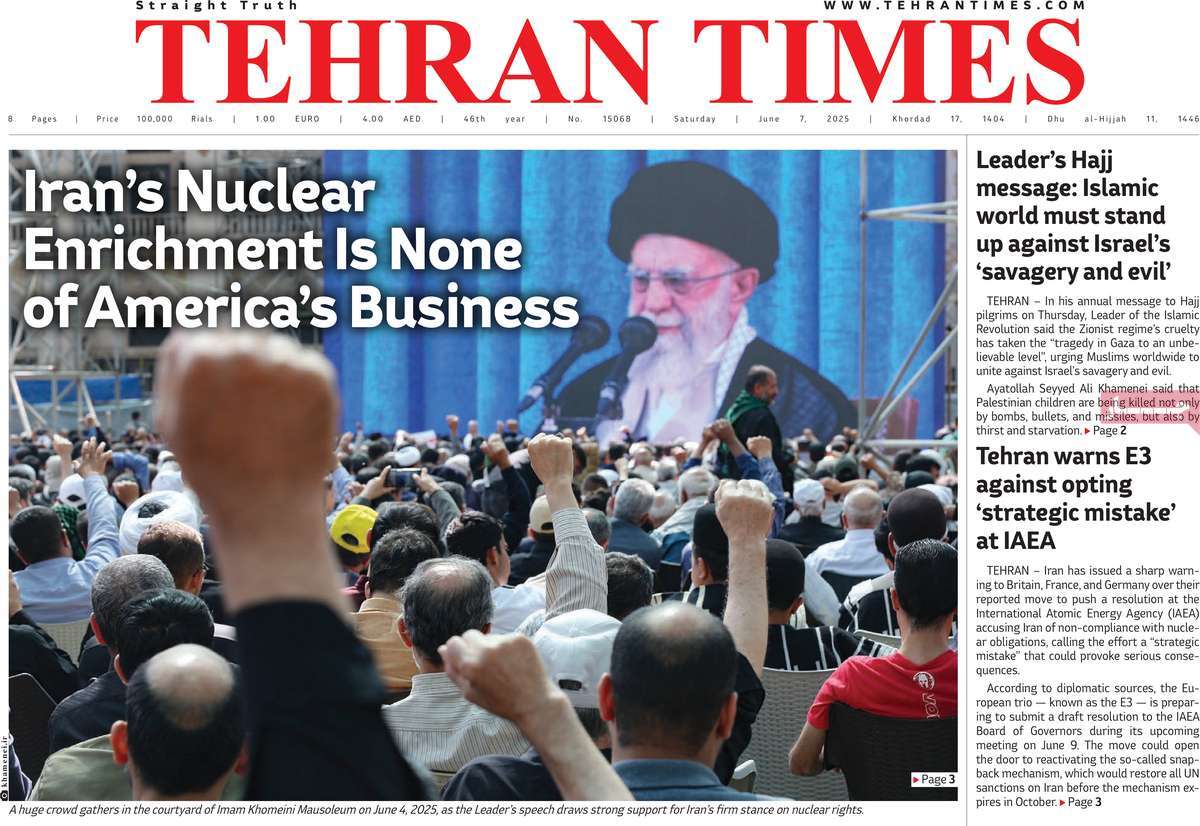 صفحه اول روزنامه Tehran Times شنبه ۱۷ خرداد