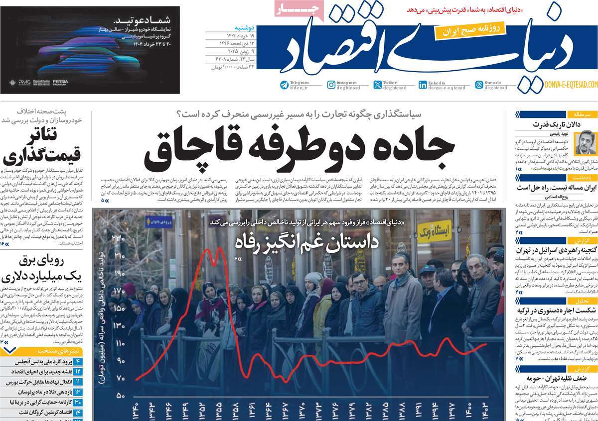 صفحه اول روزنامه دنیای اقتصاد دوشنبه ۱۹ خرداد