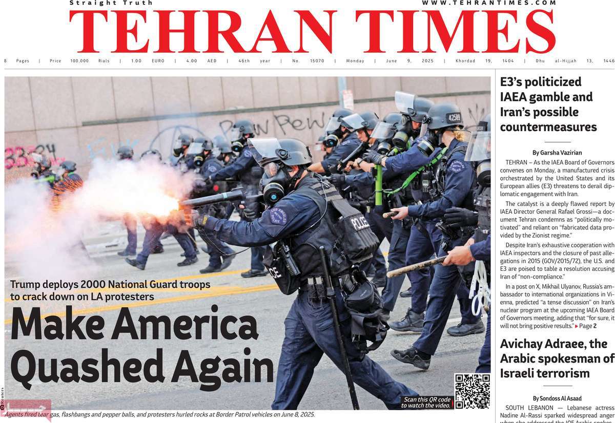 صفحه اول روزنامه Tehran Times دوشنبه ۱۹ خرداد