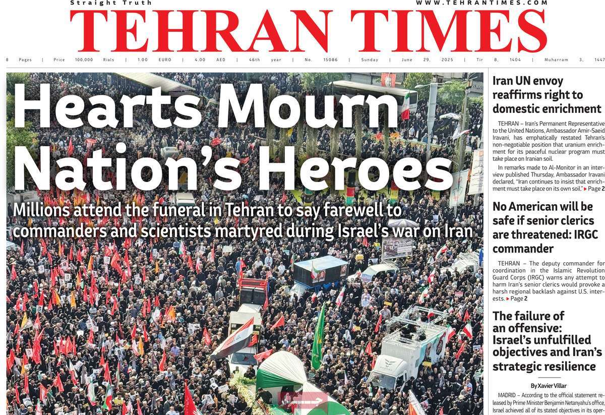 صفحه اول روزنامه Tehran Times یکشنبه ۸ تیر