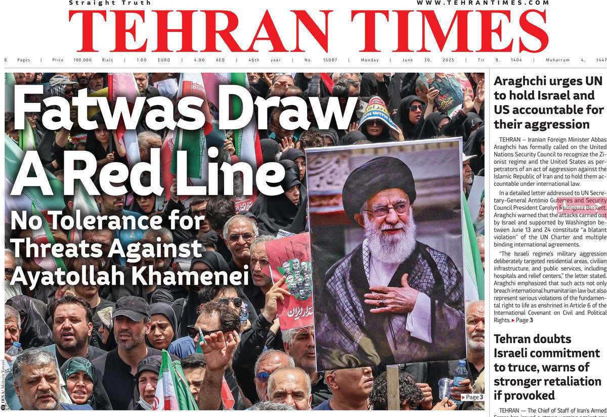 صفحه اول روزنامه Tehran Times دوشنبه ۹ تیر