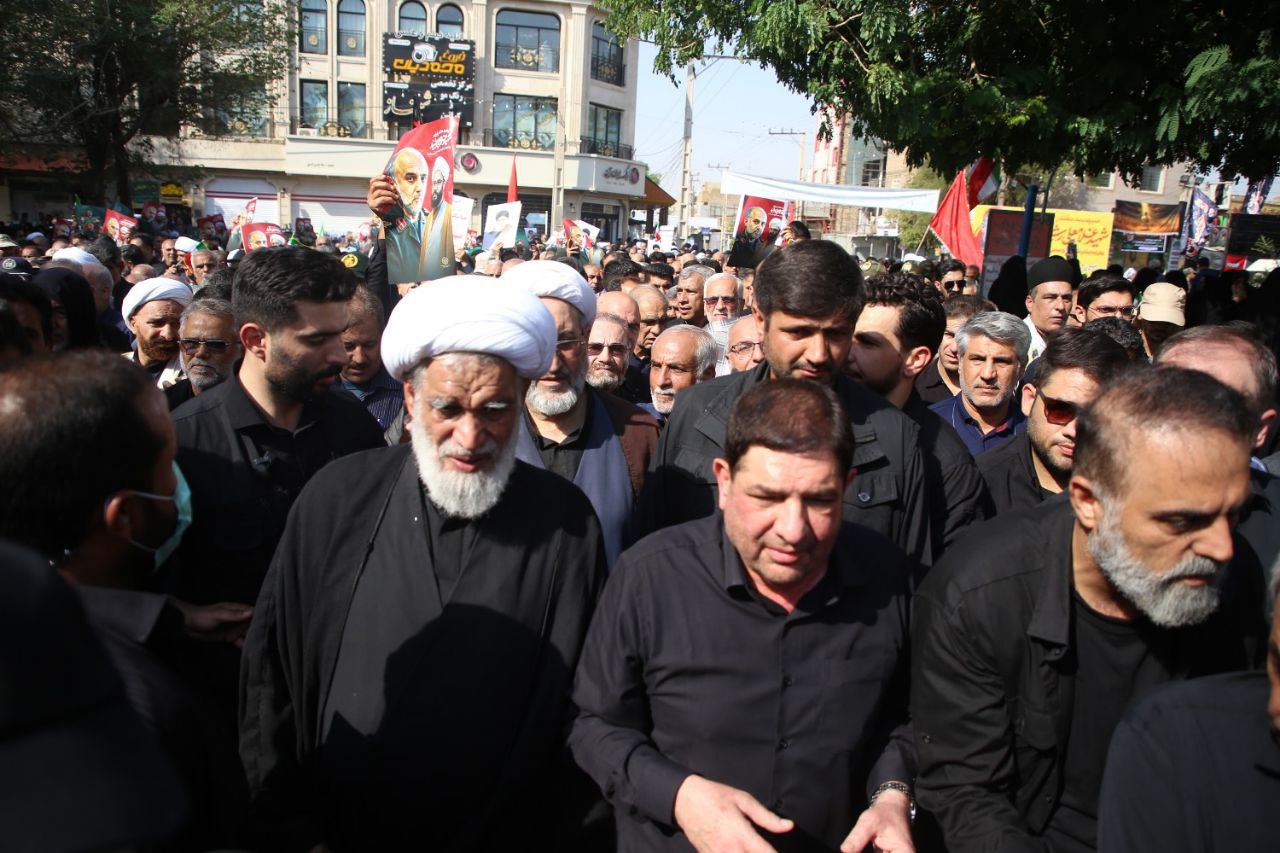 عکس/ حضور آیت‌الله کعبی، علی لاریجانی و مخبر در تشییع پیکر سپهبد شهید غلامعلی رشید