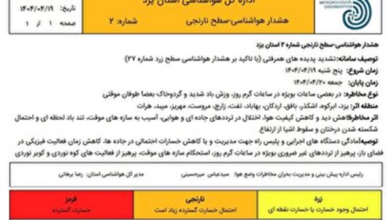 هشدار نارنجی هواشناسی در استان یزد