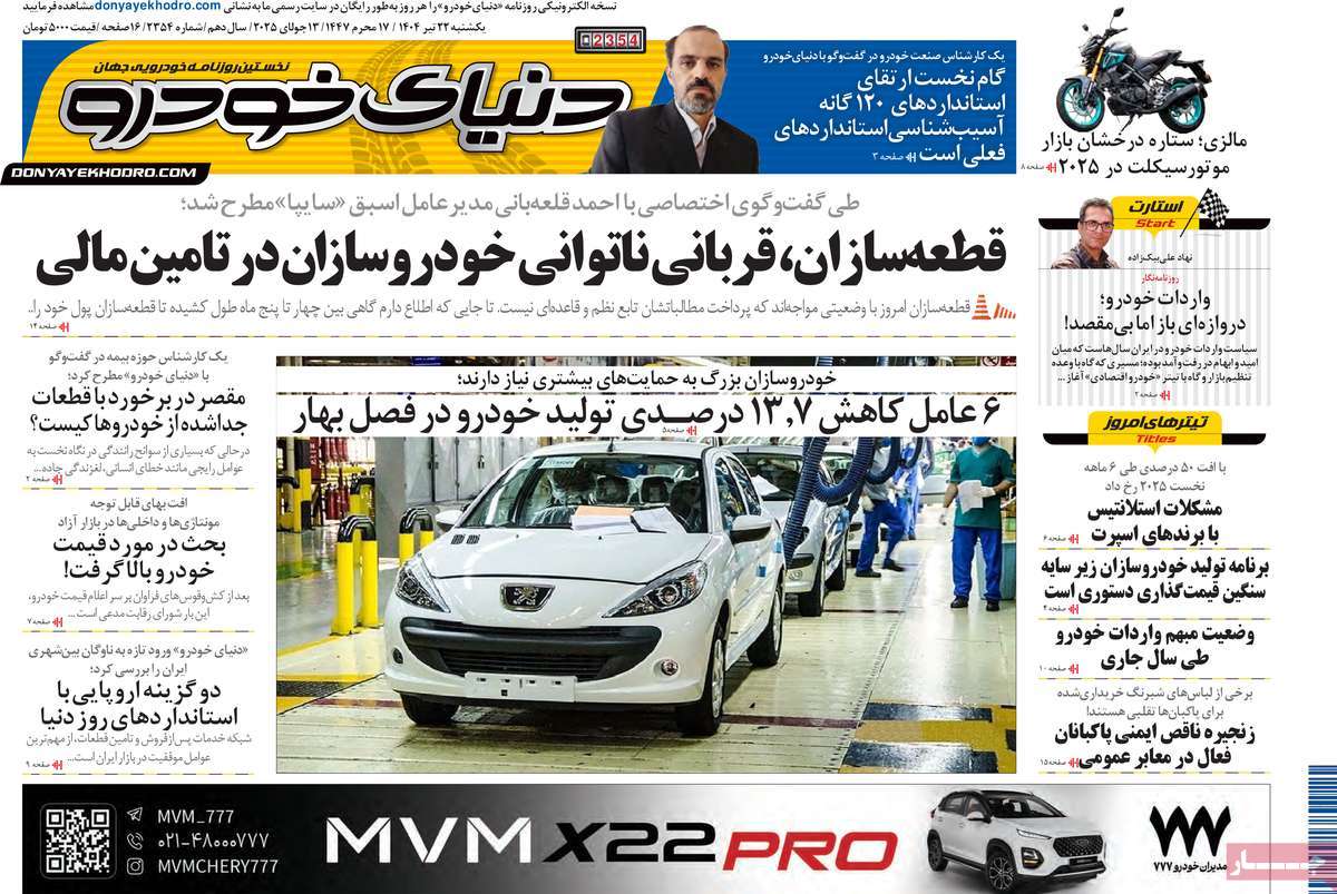 صفحه اول روزنامه دنیای خودرو یکشنبه ۲۲ تیر