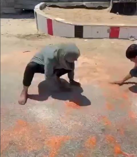 مادری که به همراه فرزندانش عدس‌های ریخته‌شده از کامیون‌های کمک‌رسانی را جمع می‌کند!