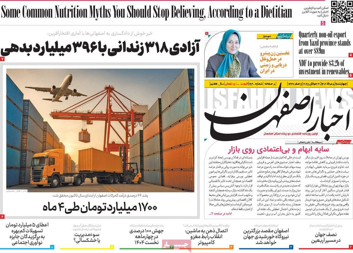 صفحه نخست روزنامه‌های اصفهان در ۸ مرداد
