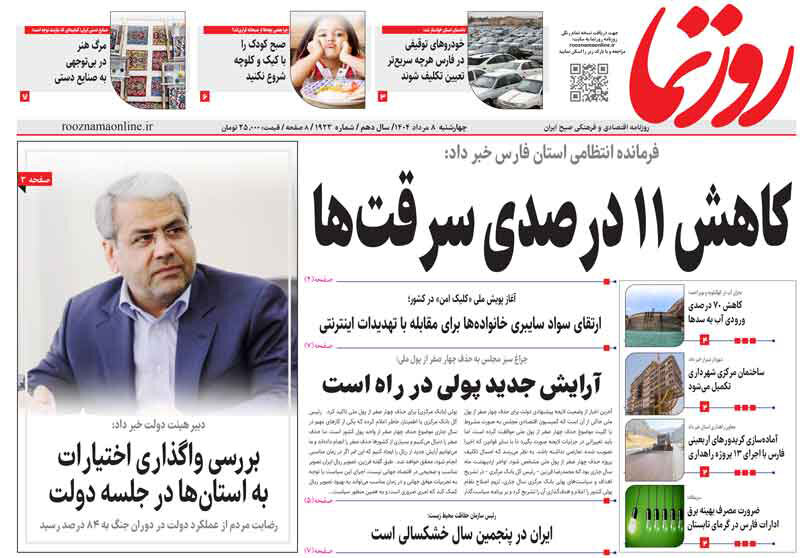 صفحه نخست روزنامه‌های استان فارس در ۸ مردادماه