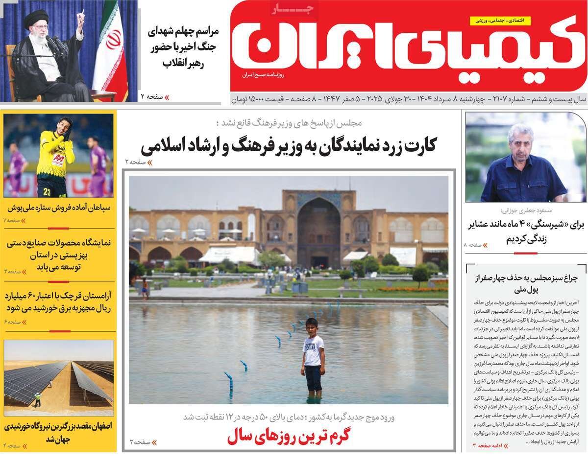 صفحه نخست روزنامه‌های اصفهان در ۸ مرداد
