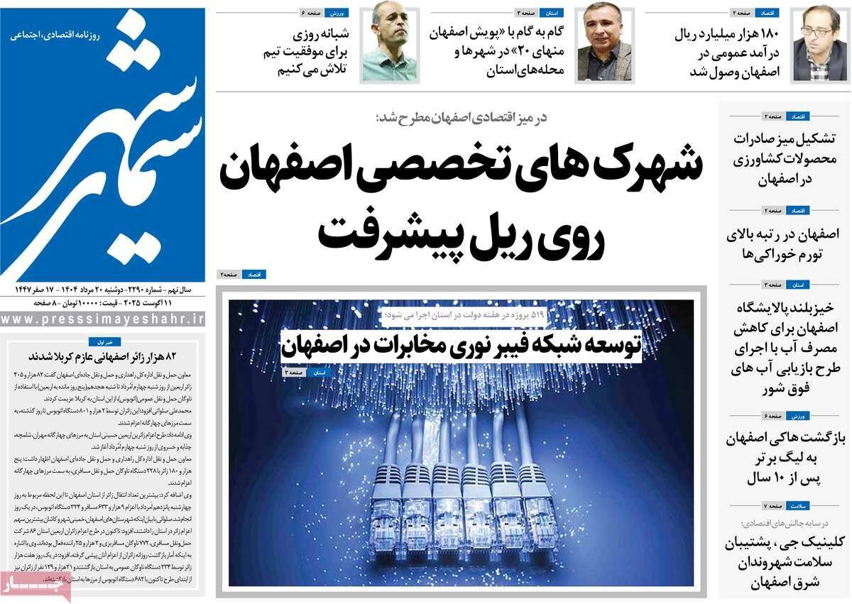 صفحه نخست روزنامه‌های اصفهان در ۲۰ مرداد