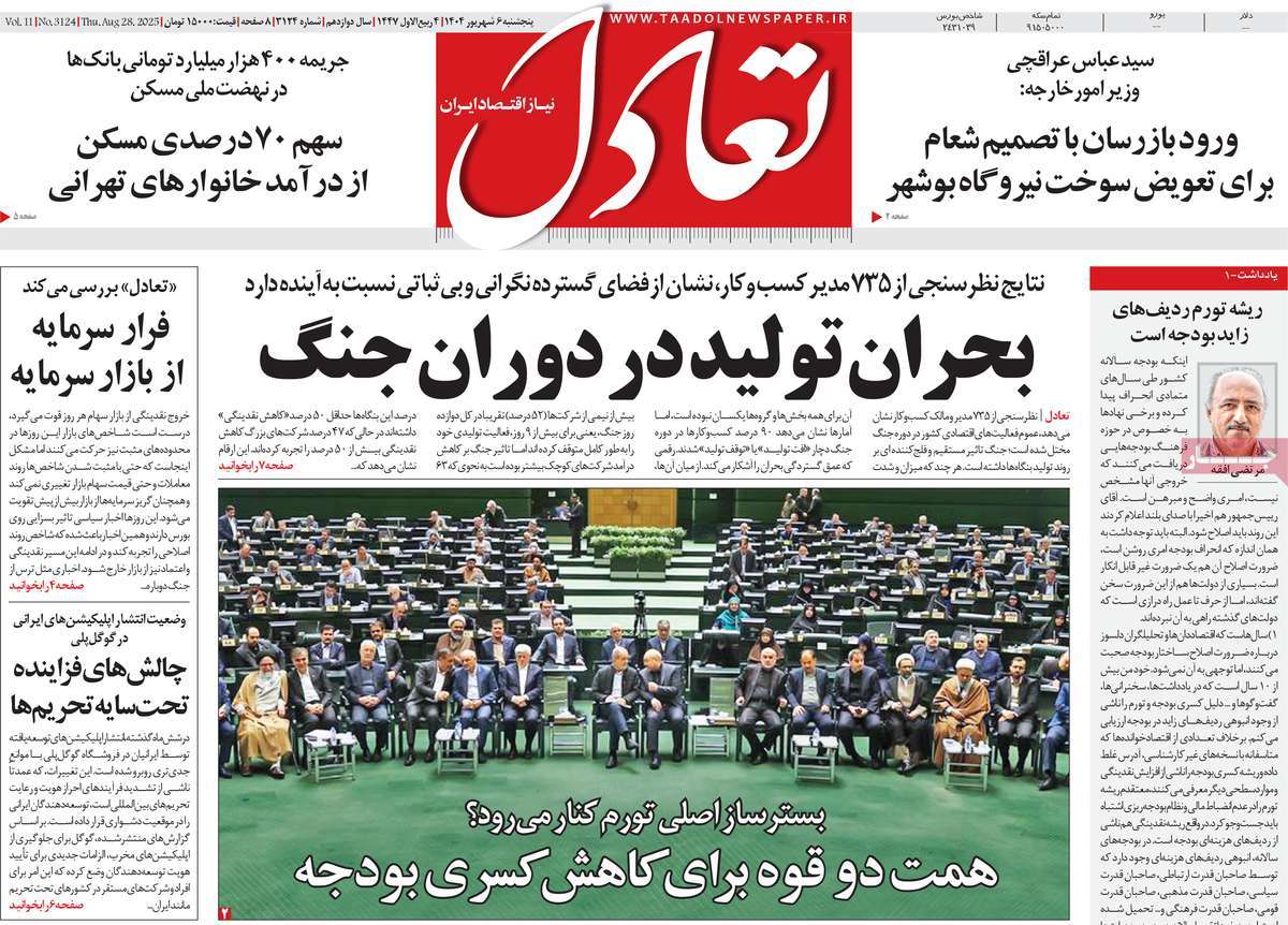 صفحه اول روزنامه تعادل پنجشنبه ۶ شهریور