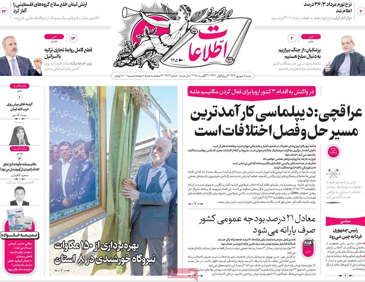 صفحه اول روزنامه اطلاعات شنبه ۸ شهریور
