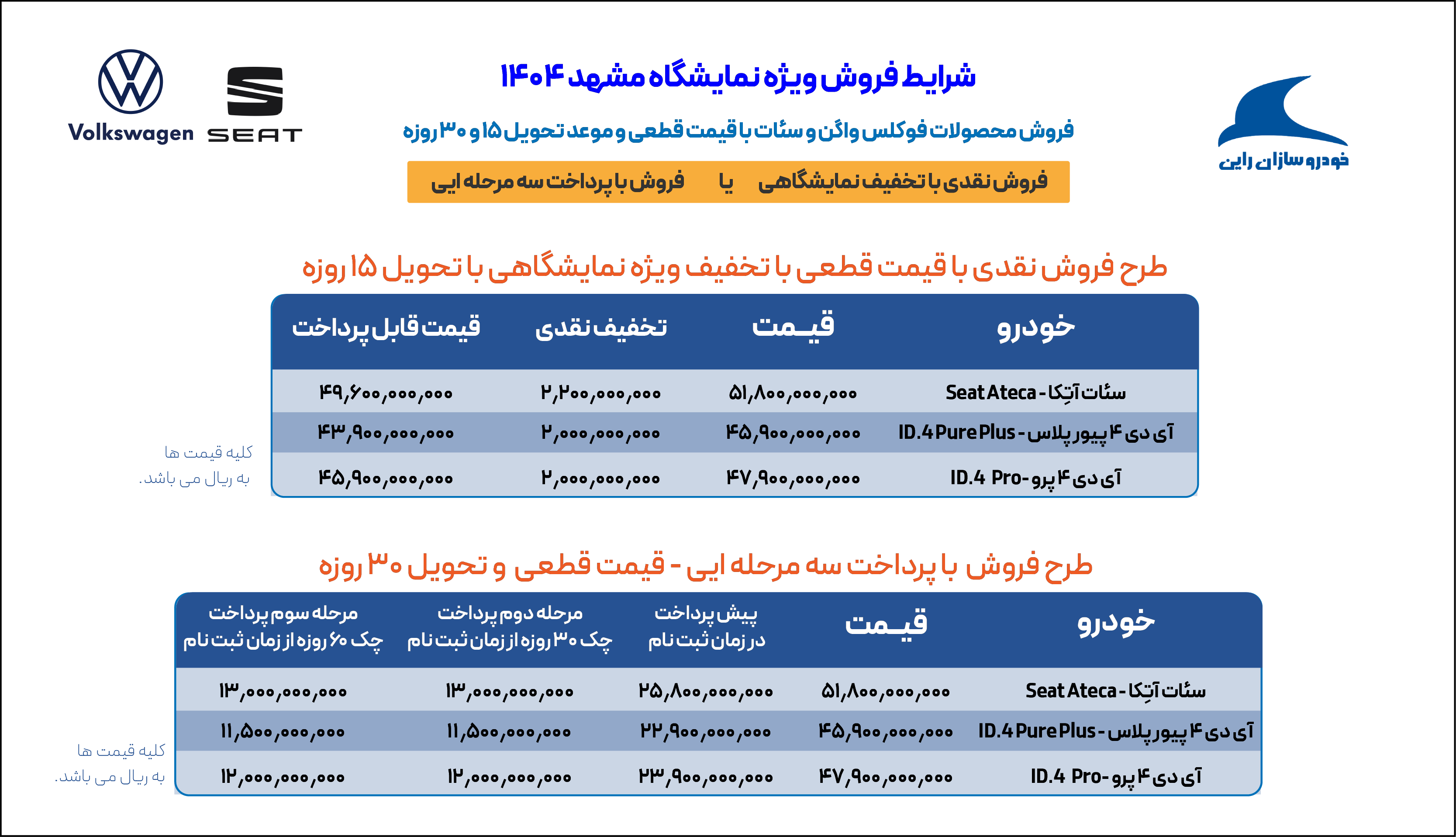 تحویل 30 روزه فولکس واگن ID.4 و سئات آتکا تنها با 50 درصد پیش پرداخت یا تحویل 15 روزه با تخفیف 200 میلیون تومانی در خرید نقدی