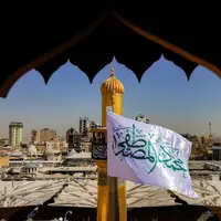 عکس/ برافراشتن پرچم پیامبر اکرم(ص) در حرم امام علی(ع) به مناسبت هفته صادقین