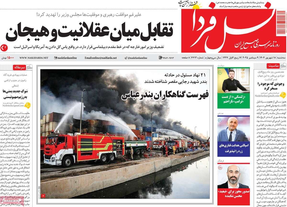 صفحه نخست روزنامه‌های اصفهان در ۱۸ شهریور