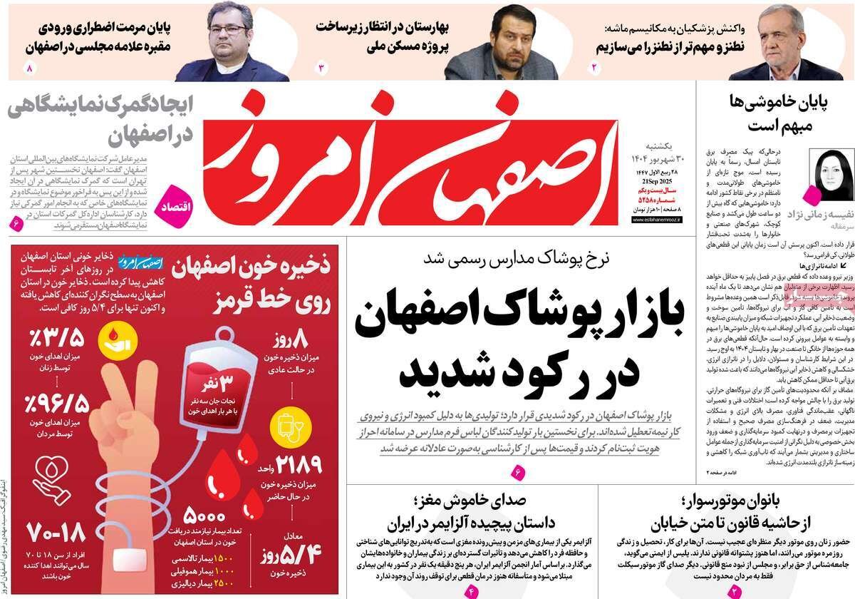 صفحه اول روزنامه‌های اصفهان در ۳۰ شهریورماه