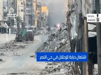 صحنه‌هایی از آتش گرفتن تانک صهیونیستی پس از هدف‌گیری توسط مقاومت در محله النصر در شهر غزه
