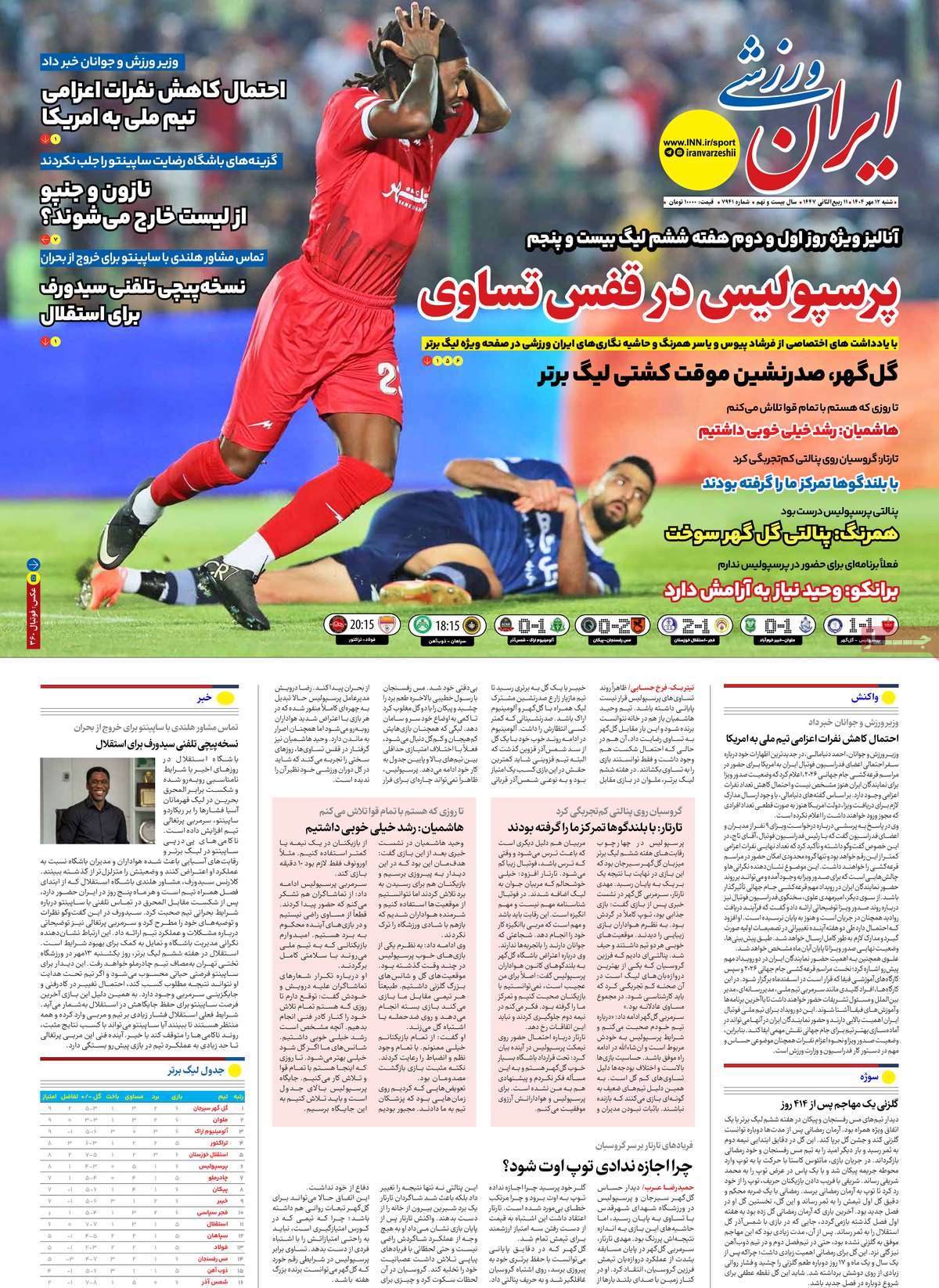 صفحه اول روزنامه ایران ورزشی شنبه ۱۲ مهر