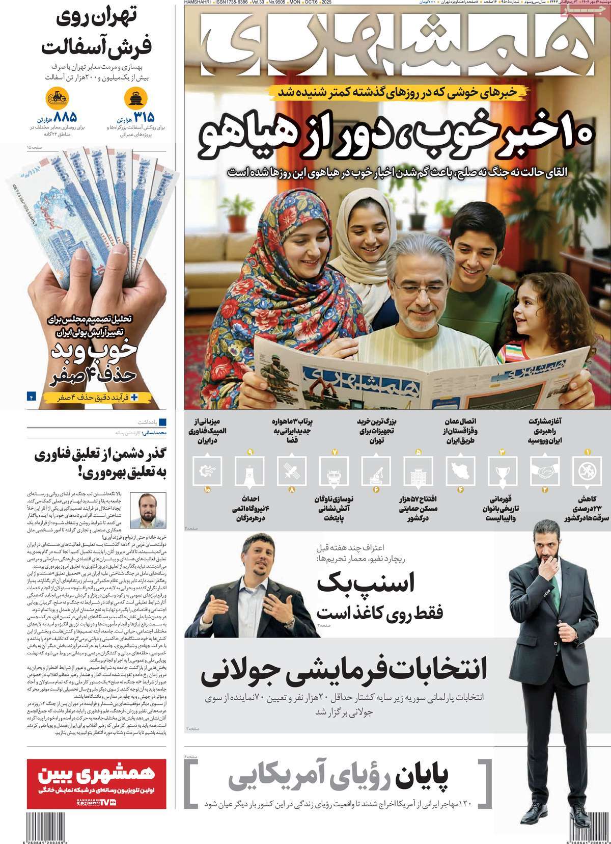 صفحه اول روزنامه همشهری دوشنبه ۱۴ مهر