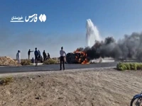 فیلم/ آتش‌سوزی ساینا در جاده دارخوین – شادگان سه مصدوم برجای گذاشت