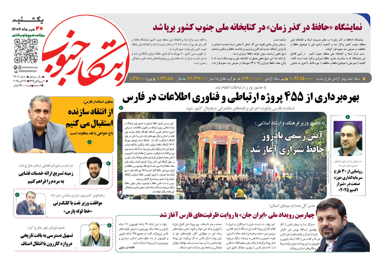 صفحه نخست روزنامه‌های استان فارس در ۲۰ مهرماه