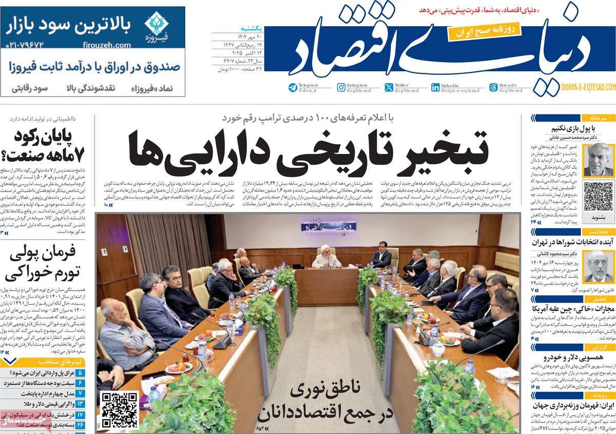 صفحه اول روزنامه دنیای اقتصاد یکشنبه ۲۰ مهر