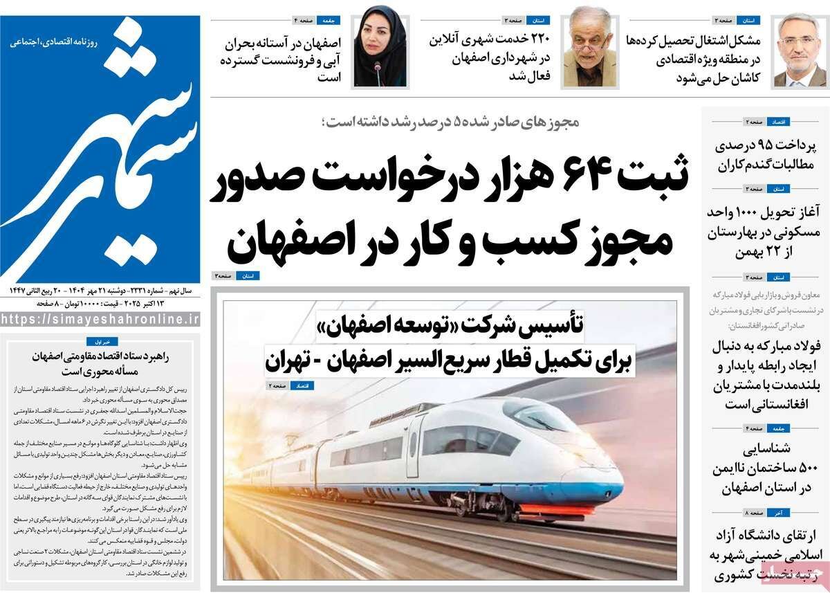 صفحه نخست روزنامه‌های اصفهان در ۲۱ مهر