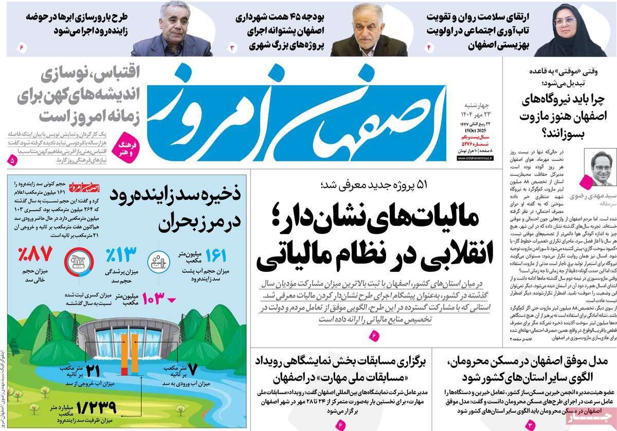 صفحه نخست روزنامه‌های اصفهان در ۲۳ مهر