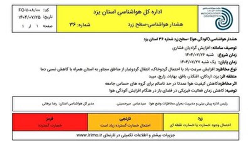 صدور هشدار سطح زرد هواشناسی در استان یزد