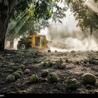 عکس/ برداشت گردو اصلاح شده با دستگاه مکانیزه