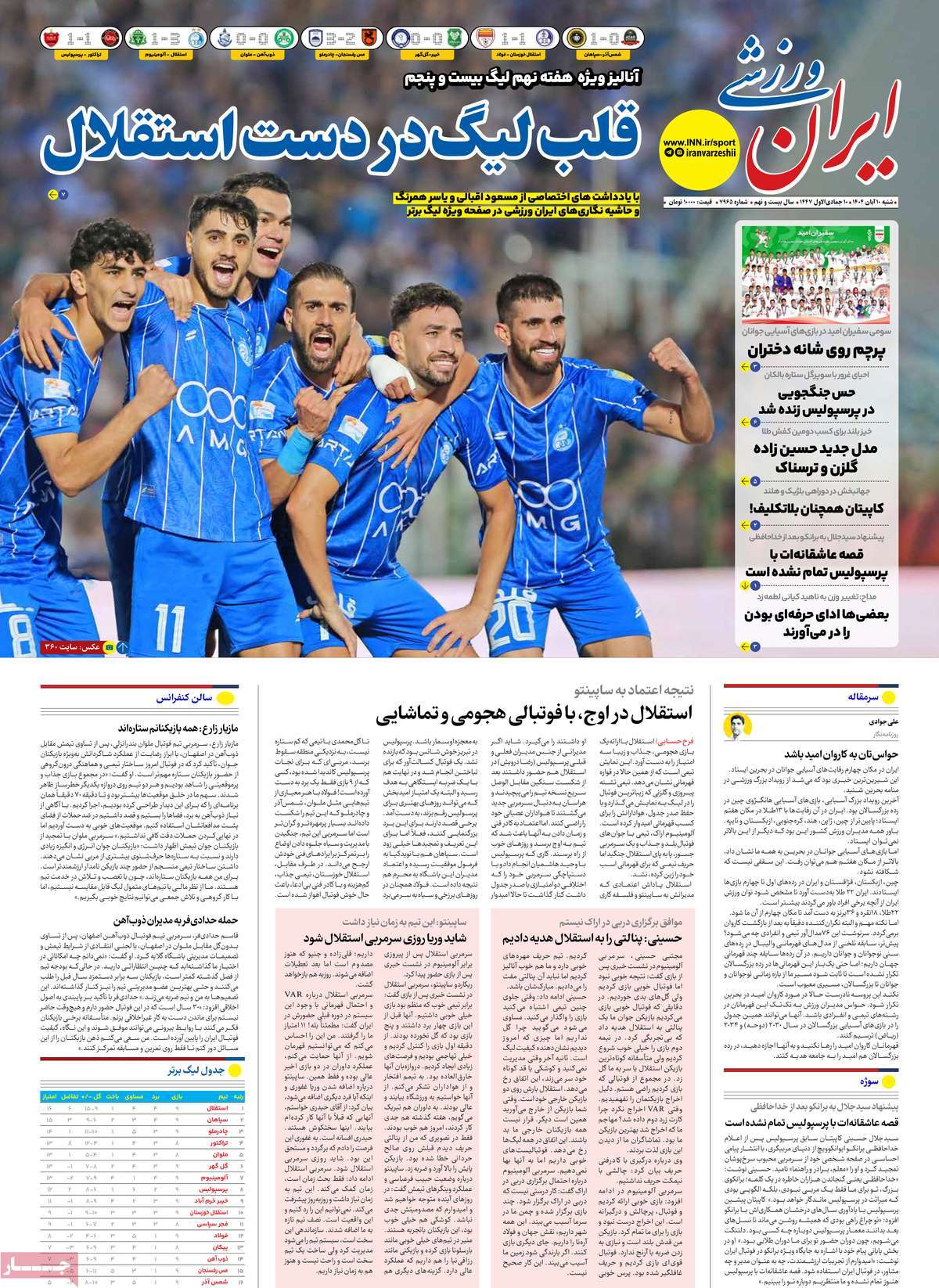 صفحه اول روزنامه ایران ورزشی شنبه ۱۰ آبان