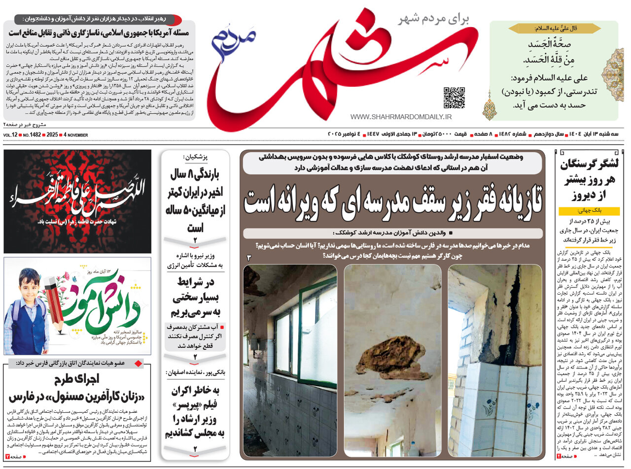 صفحه نخست روزنامه‌های استان فارس در ۱۳ آبان