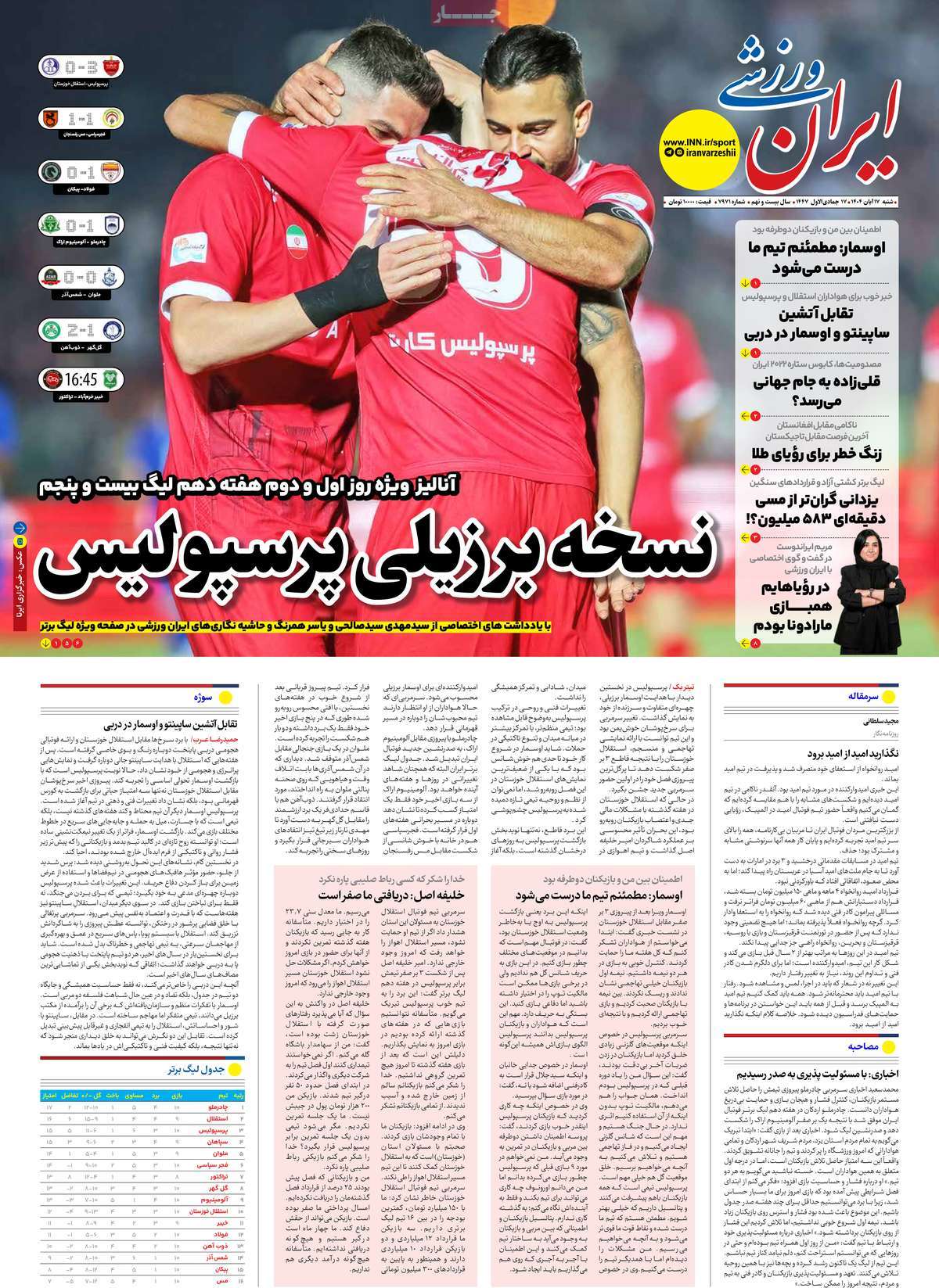 صفحه اول روزنامه ایران ورزشی شنبه ۱۷ آبان
