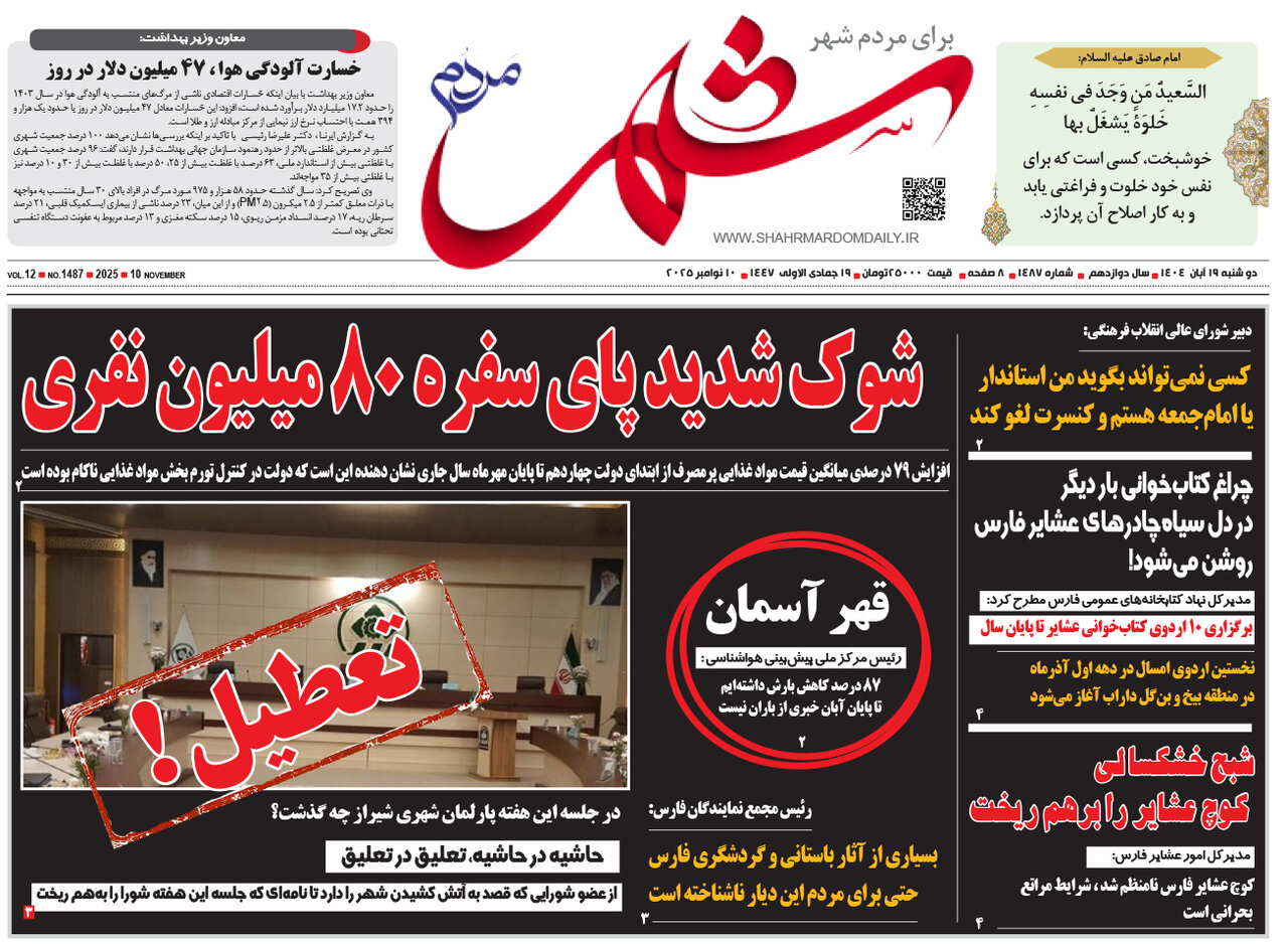 صفحه نخست روزنامه‌های استان فارس در ۱۹ آبان 