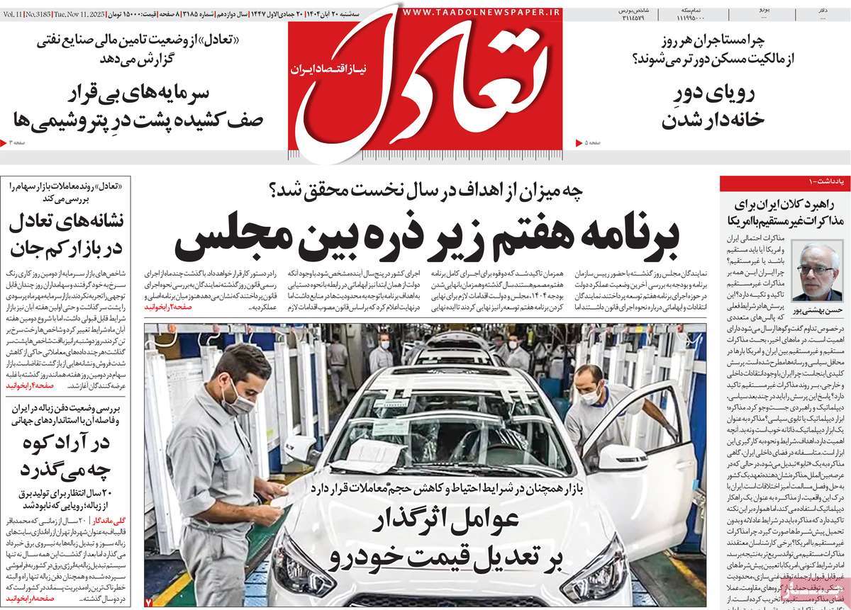 صفحه اول روزنامه تعادل سه‌شنبه ۲۰ آبان