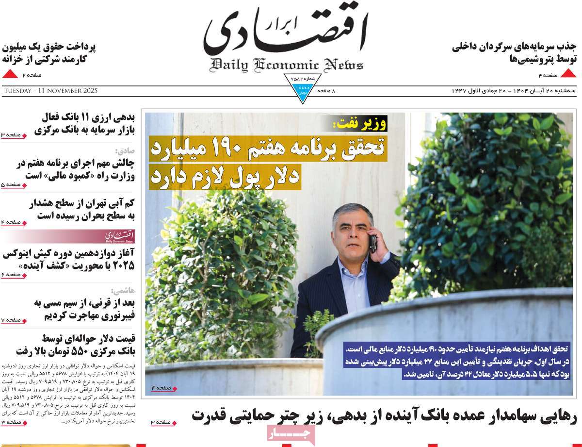 صفحه اول روزنامه ابرار اقتصادی سه‌شنبه ۲۰ آبان
