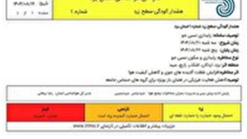 هشدار سطح زرد در برخی مناطق استان