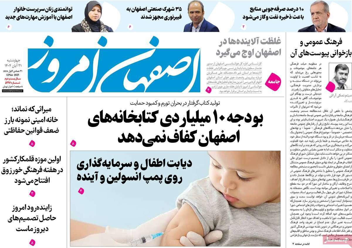 صفحه نخست روزنامه‌های اصفهان در ۲۱ آبان