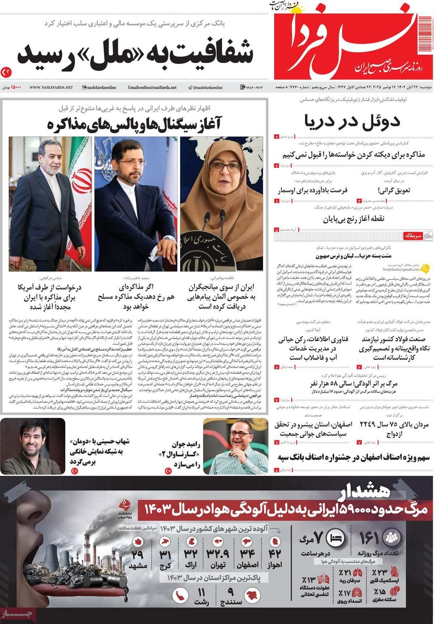 صفحه نخست روزنامه‌های اصفهان در ۲۶ آبان