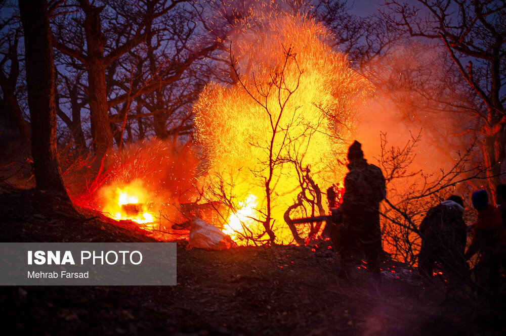 عکس/ عملیات مهار آتش‌سوزی مناطق کوهستانی روستاهای دلیر و الیت