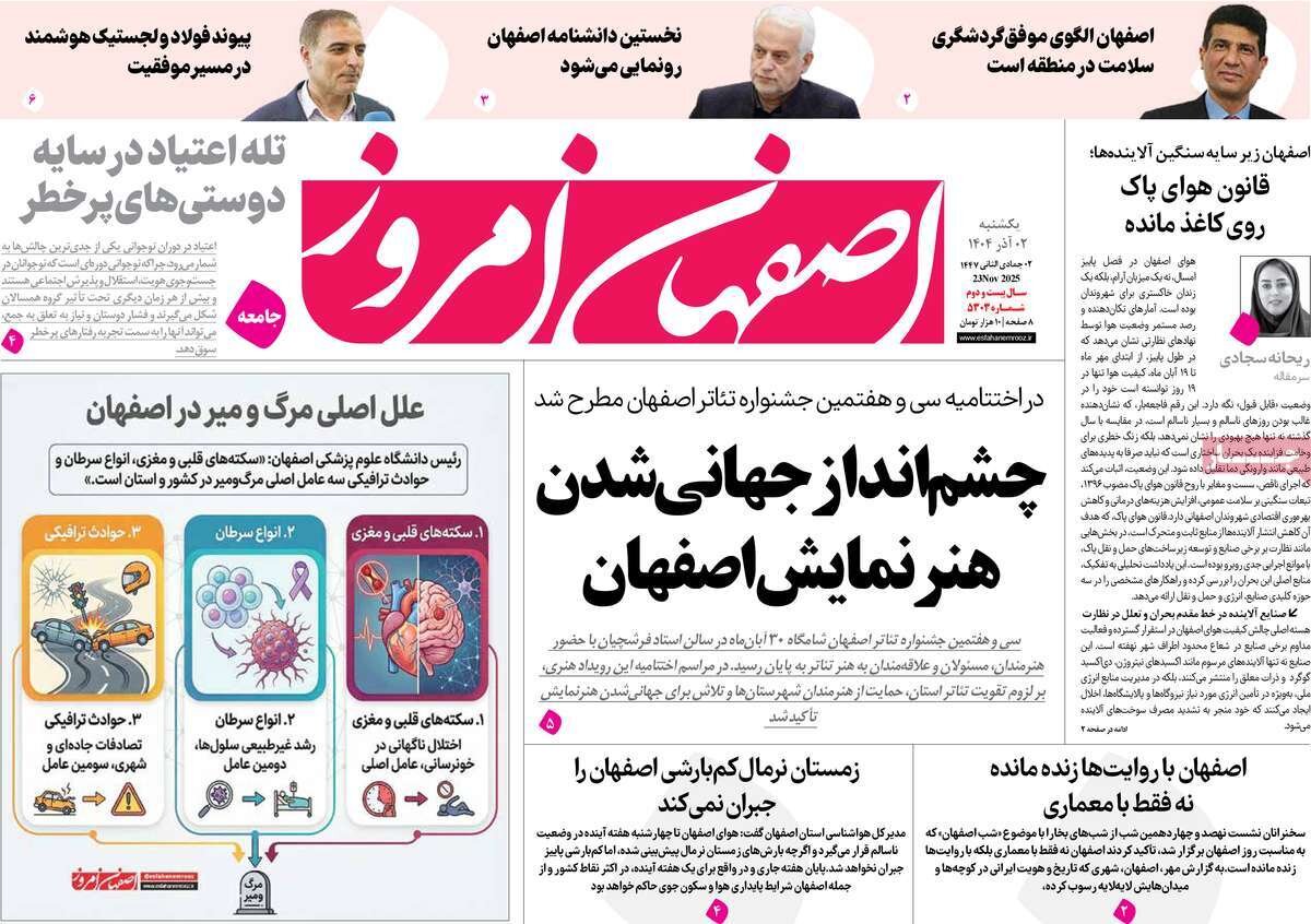 صفحه اول روزنامه‌های اصفهان در روز ۲ آذرماه